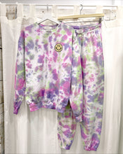 Load image into Gallery viewer, Unisex green purple pink hand dyed tie dye sweatsuit tracksuit with smiley patch
