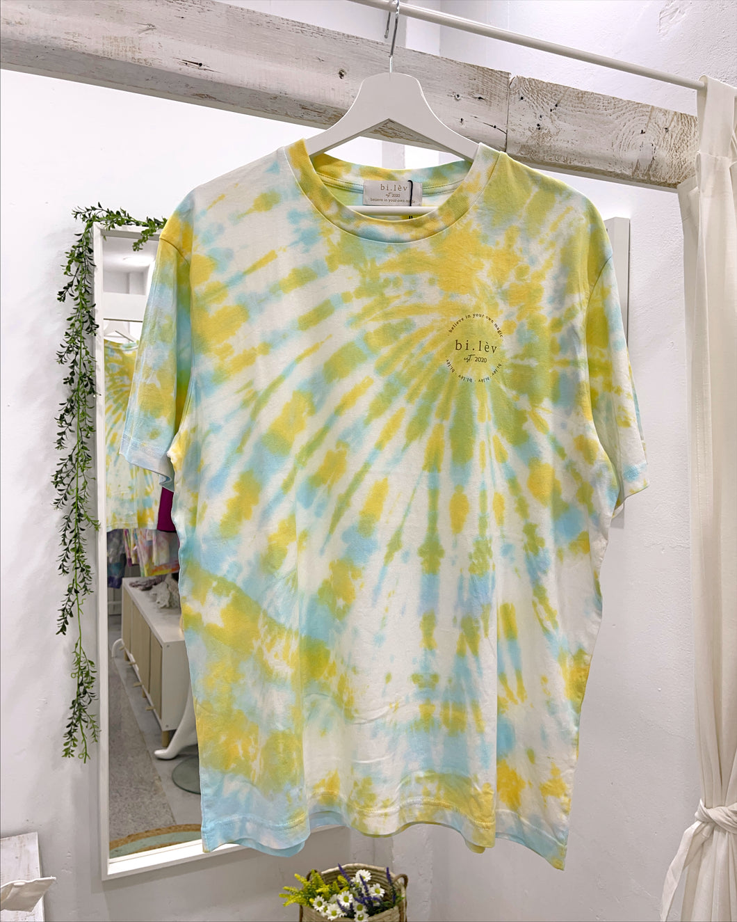 Blue yellow hand dyed tie dye organic cotton unisex t-shirt