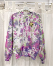 Load image into Gallery viewer, Unisex green purple pink hand dyed tie dye sweatshirt with smiley patch
