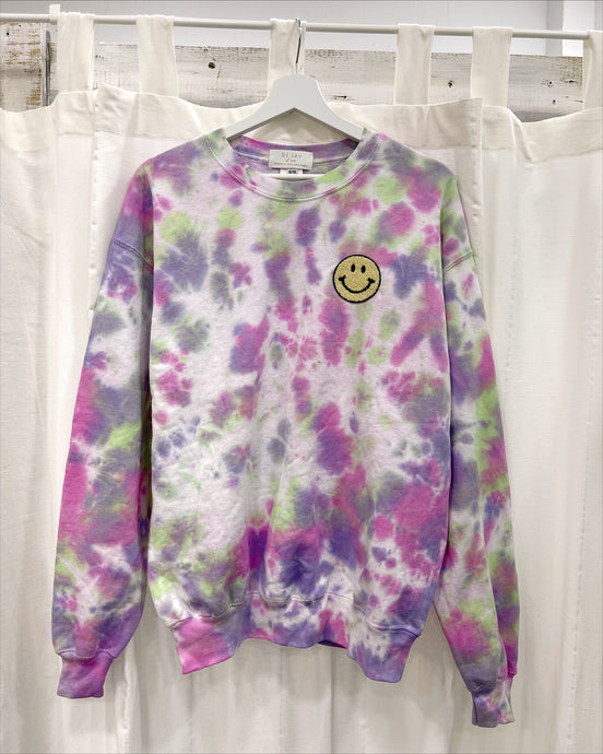 Unisex green purple pink hand dyed tie dye sweatshirt with smiley patch