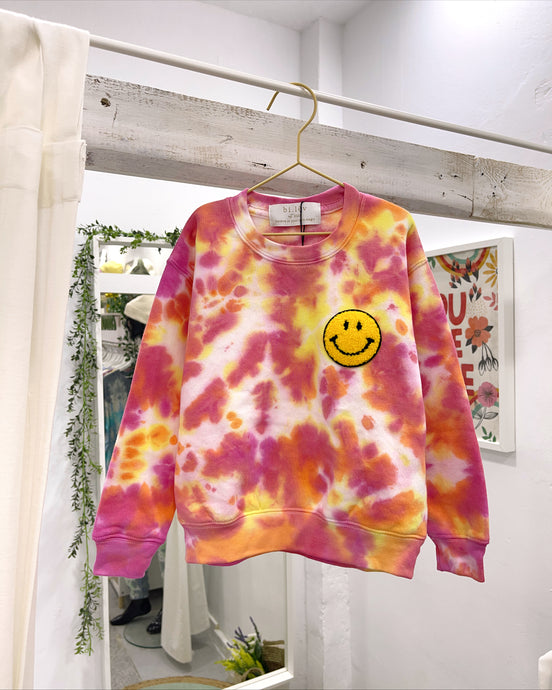 Kids pink orange yellow hand dyed tie dye sweatshirt with smiley patch