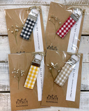 Load image into Gallery viewer, Gingham handmade key fob ring in yellow black red and beige
