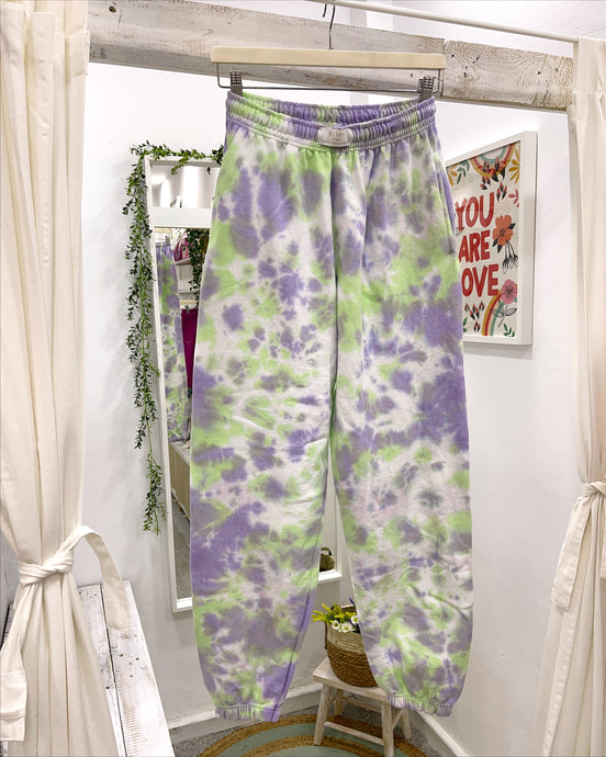 Unisex purple green hand dyed tie dye jogger pants