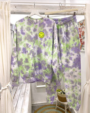 Load image into Gallery viewer, Unisex purple green hand dyed tie dye sweatsuit tracksuit with smiley patch
